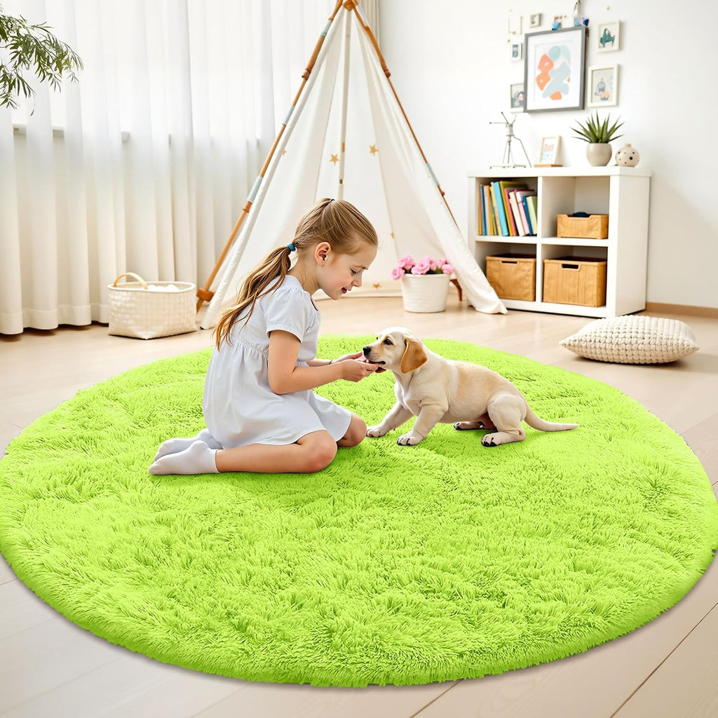 OLANLY Round Lime Green Area Rug - Soft, Fluffy, Machine Washable 9 ft Circle Carpet for Bedrooms & Nurseries