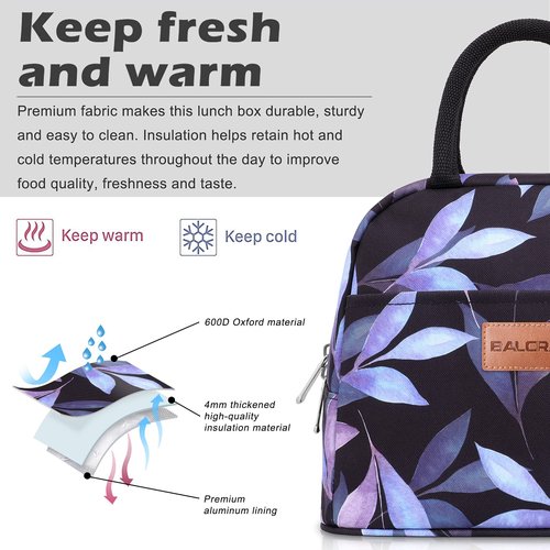 BALORAY Lunch Bag for Women Men Insulated Lunch Box for Adult Reusable Lunch Tote Bag for Work, Picnic or Travel (Blue Leaves)