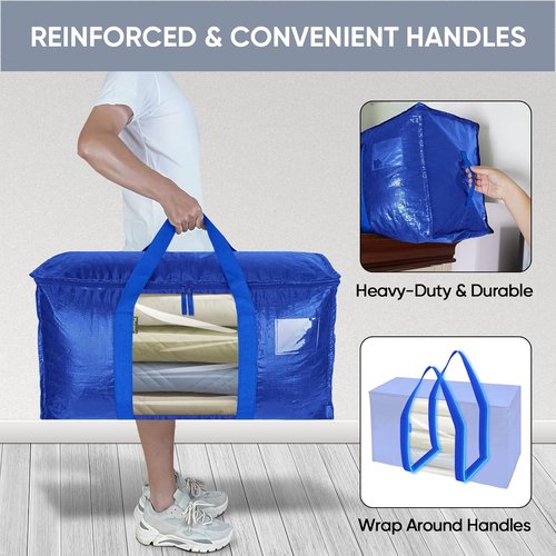 BALEINE 8-Pack Heavy-Duty Moving Bags - Oversized Storage Totes with Reinforced Handles (Blue w/Window)