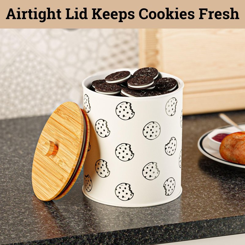 Cookie Jar with Airtight Lid - 1 Gallon - 6.6"D x 8"H White Iron Cookie Tin with Bamboo Lid - Large Cookie Jars with Lids Airtight - Farmhouse Cookie Jars for Kitchen Counter Decorative - Cookies Jar