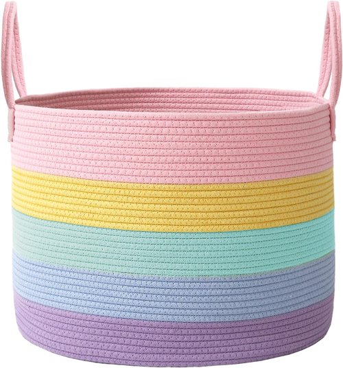 JMvicyroam 65L Extra Large Blanket Basket - Woven Cotton Rope Laundry Hamper with Handles | Machine Washable Rainbow Storage Bin for Pillows & Toys
