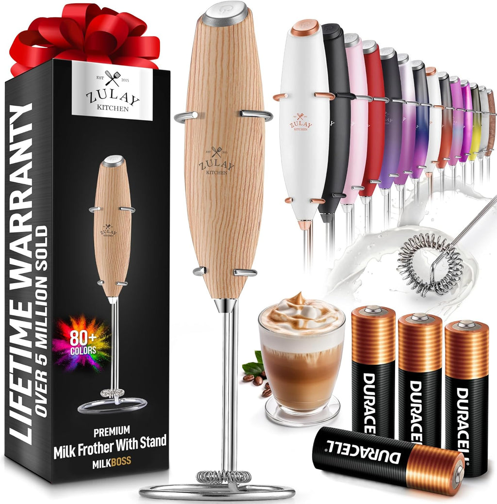 Zulay Kitchen Milk Frother Wand - Ultra Fast Handheld Drink Mixer with 4 AA Batteries | Perfect for Coffee, Lattes, Cappuccino, Matcha & Creamer - Maple
