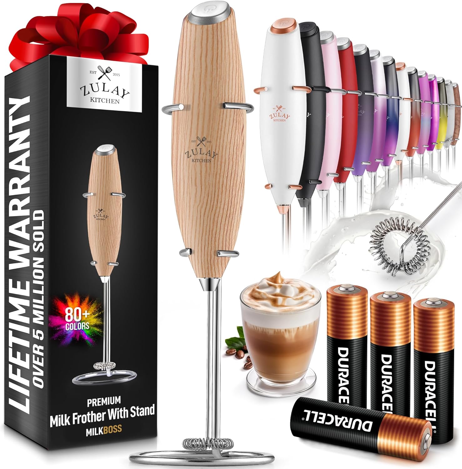 Zulay Kitchen Milk Frother Wand - Ultra Fast Handheld Drink Mixer with 4 AA Batteries | Perfect for Coffee, Lattes, Cappuccino, Matcha & Creamer - Maple