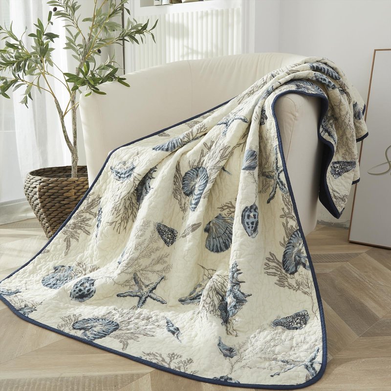 Brandream Blue Nautical Seashell Quilt Cotton Quilted Throw Blanket for Bed Couch Daybed 47 X 60 Inch Decorative Blankets