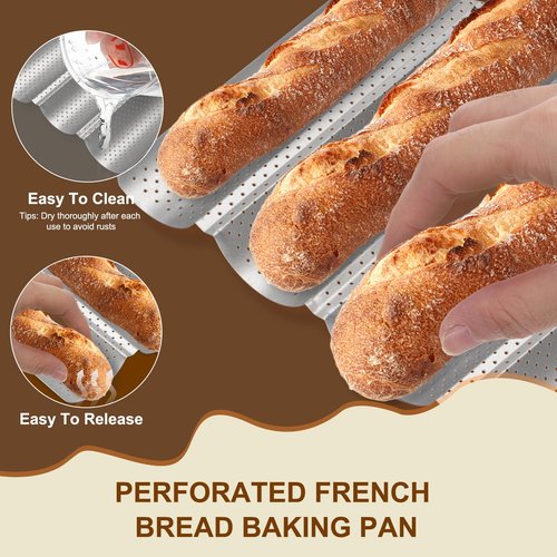 uxcell 2Pcs Perforated French Bread Baking Pan, 15" x 13" Toast Molds Tray, 4 Wave Loaves Baking Tray for Baking Loaf Bread (Silver Tone)