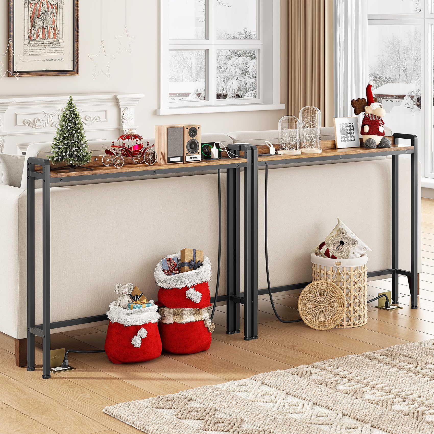 Kitstorack Narrow Entryway Console Table with Elevated Rear Fence & Power Outlets, Skinny Behind Couch Table, 39.4" Long x 5.9" Wide x 33.3" High, Thin Small Sofa Side Table for Living Room, Brown