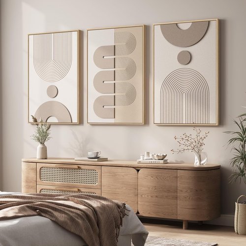 Boho Wall Art by Large 3D - Neutral Abstract Framed Artwork | 3-Piece Modern Geometric Set, 24x36 In