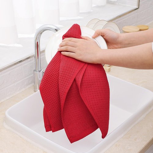 Homaxy 100% Cotton Waffle Weave Dish Towels - Ultra Soft & Absorbent, Quick Drying | 13 x 28 Inches, 6-Pack, Red