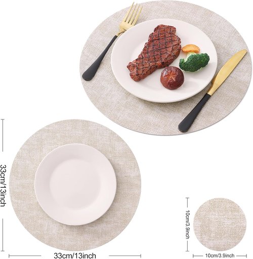 Homaxy Round Faux Leather Placemats - Washable Dual-Sided Dining Mats | Set of 6, 13" & 3.93" - Beige