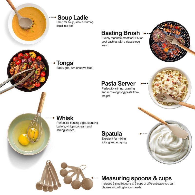 LDC Silicone Cooking Utensils Set 35 Piece with Holder - BPA Free Food Grade Silicone, Heat Resistant Wooden Handles, Cooking Spatula Set for Nonstick Cookware (Khaki)