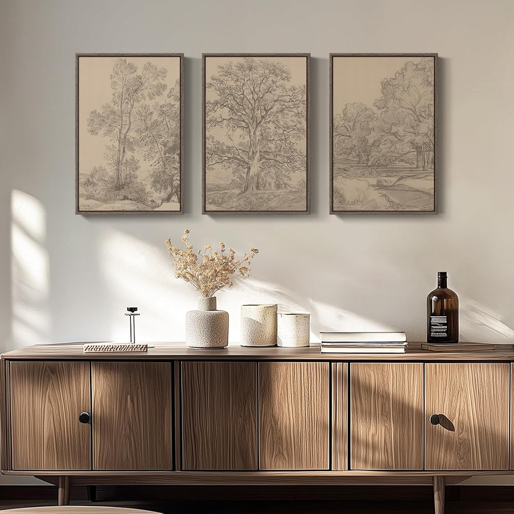 Regine Switzerland Framed Vintage Tree Sketch Set - Rustic Antique Brown Canvas Wall Art | 16x24 In