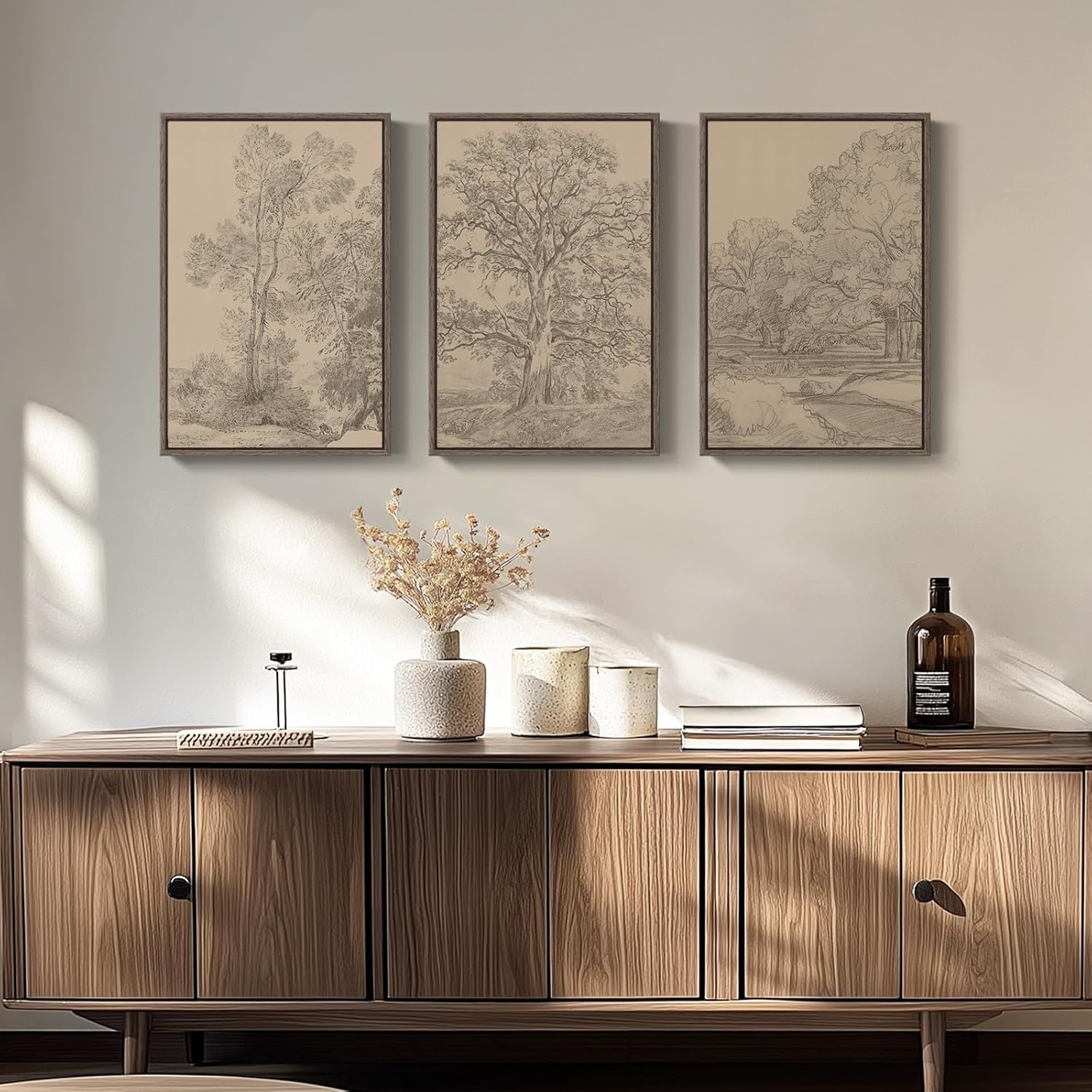 Regine Switzerland Framed Vintage Tree Sketch Set - Rustic Antique Brown Canvas Wall Art | 16x24 In