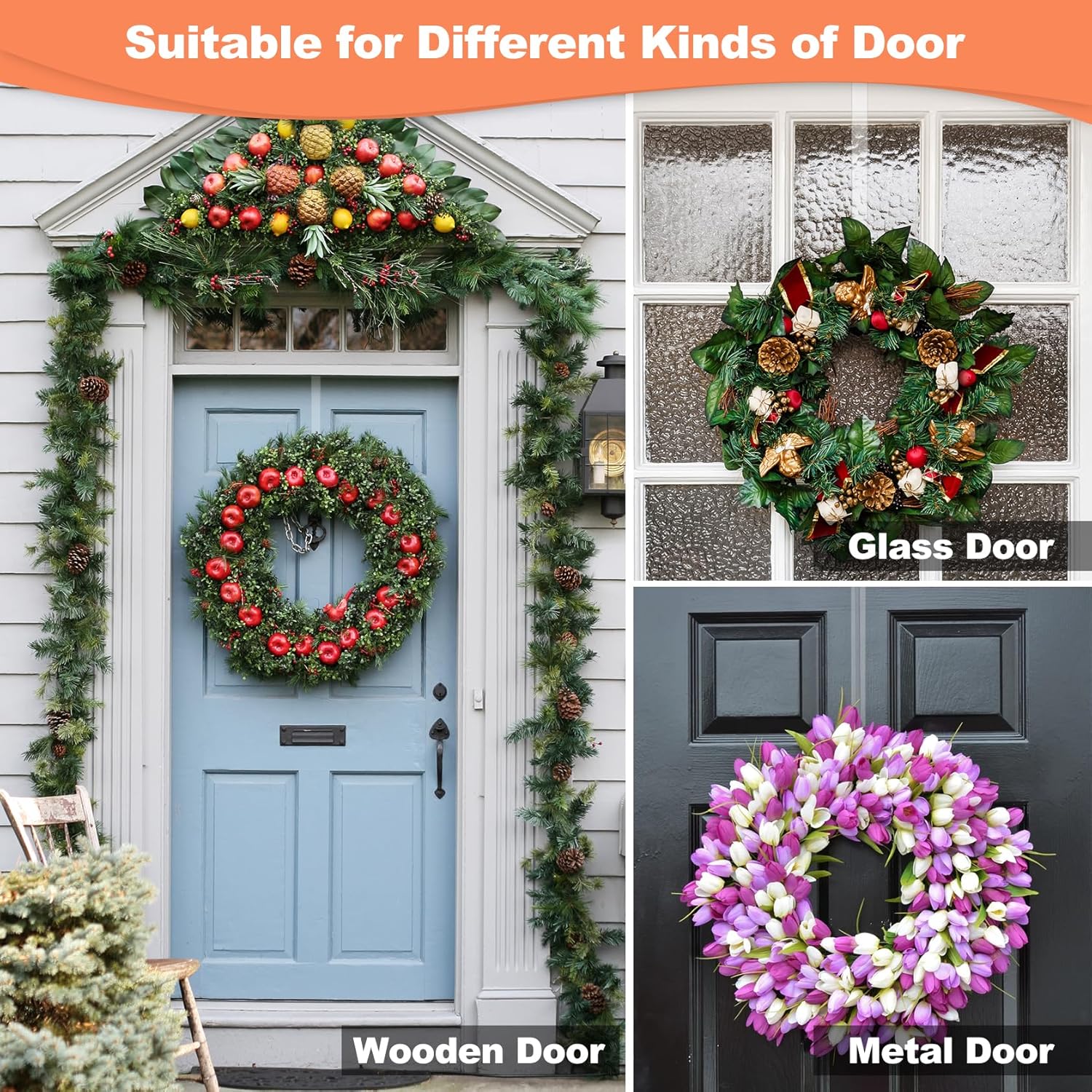 Skiennix 12" Clear Wreath Hanger - Non-Scratch Over The Door Hooks for Slim Organizer Decor