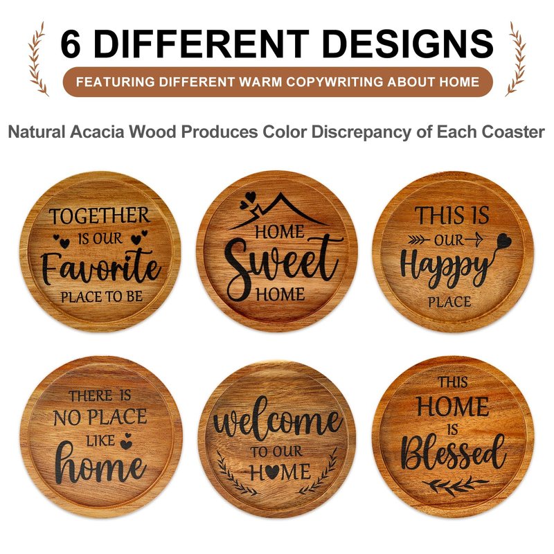 Best House Warming Gifts Acacia Wooden Coasters for Drinks Coffee Table Coaster Set of 6 Pack Farmhouse Decorations Family New Home Housewarming Decor Cute Cup Wood Coasters with Holder