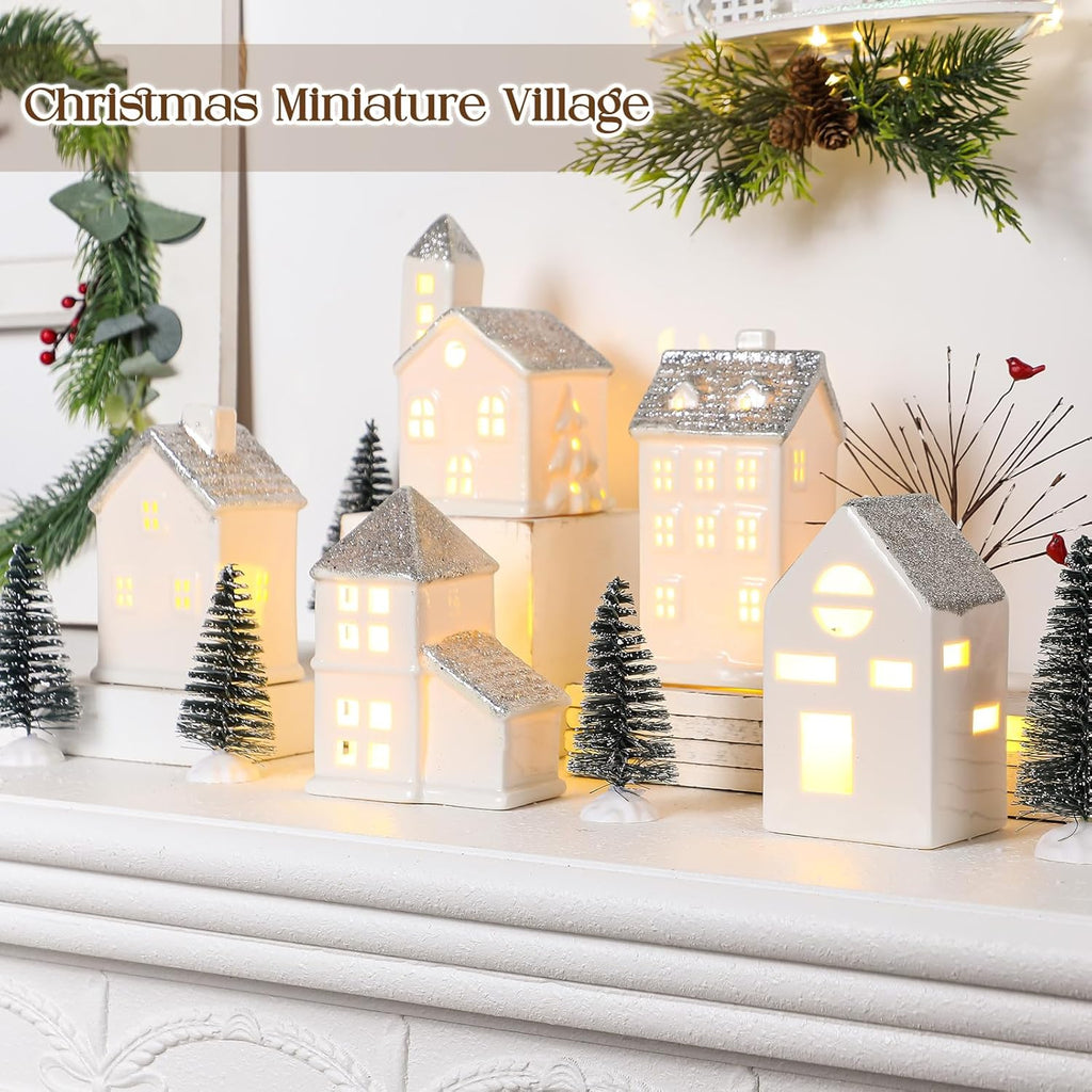 Zubebe Christmas Village Set - 30 Pcs LED Porcelain Holiday Houses | Silver Indoor Decor