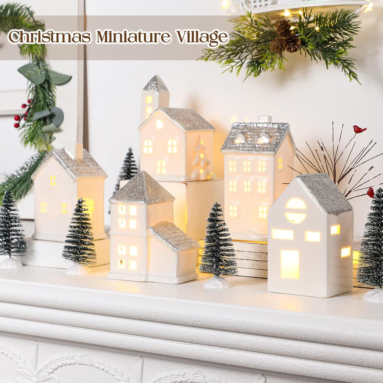 Zubebe Christmas Village Set - 30 Pcs LED Porcelain Holiday Houses | Silver Indoor Decor