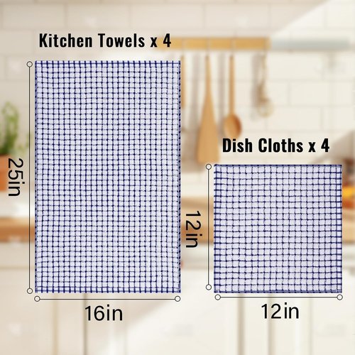 Homaxy Kitchen Towels Set - Super Soft & Absorbent Cotton Dishcloths | 8-Piece Set in Blue, Yellow, Red & Green