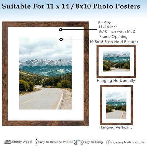 Deep Brown 11x14 Picture Frame by [Brand Name] - Display 8x10 with Mat or 11x14 Without Mat