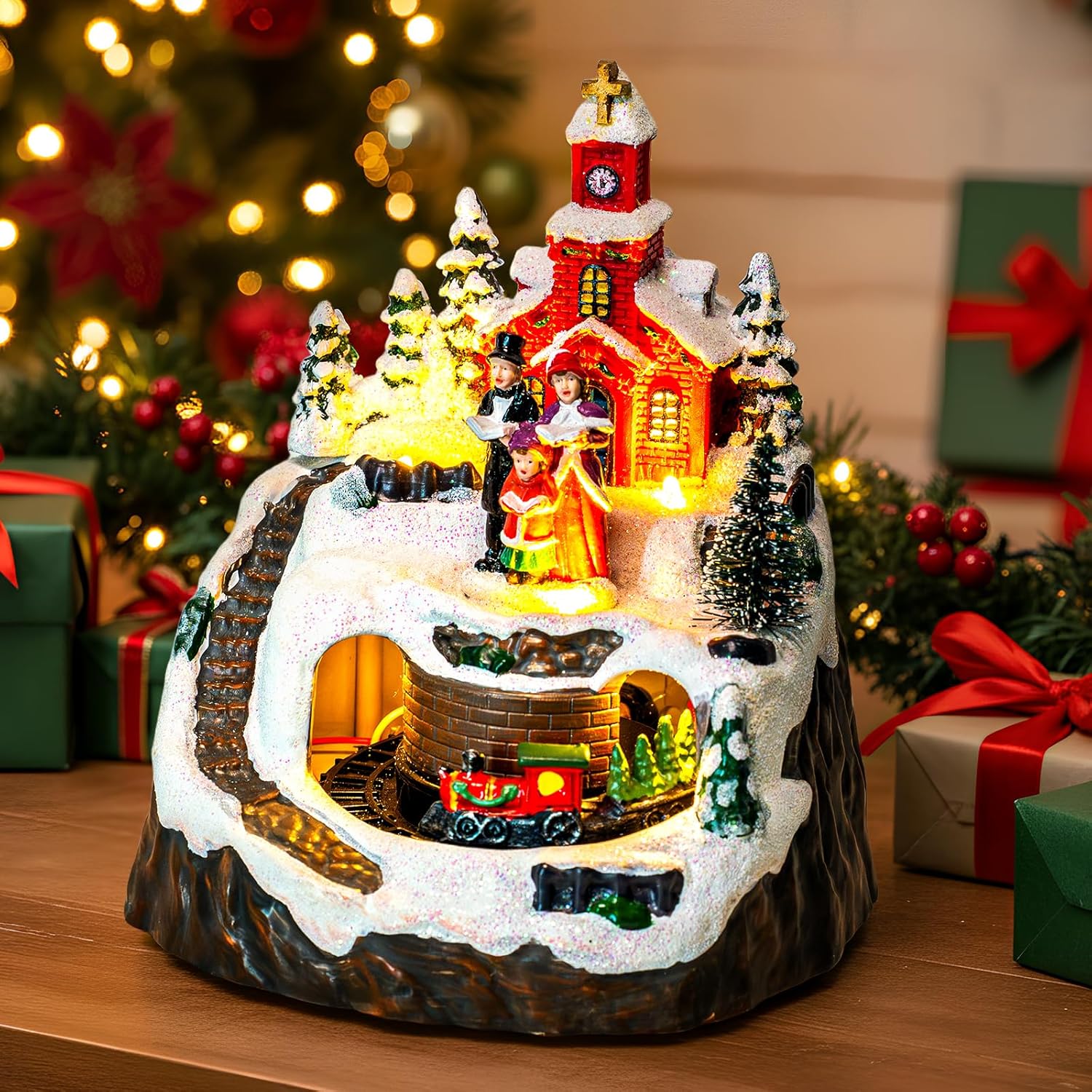 MXwcy Animated Christmas Village Decoration - Lighted Church Choir & Moving Train on Snowy Mountain