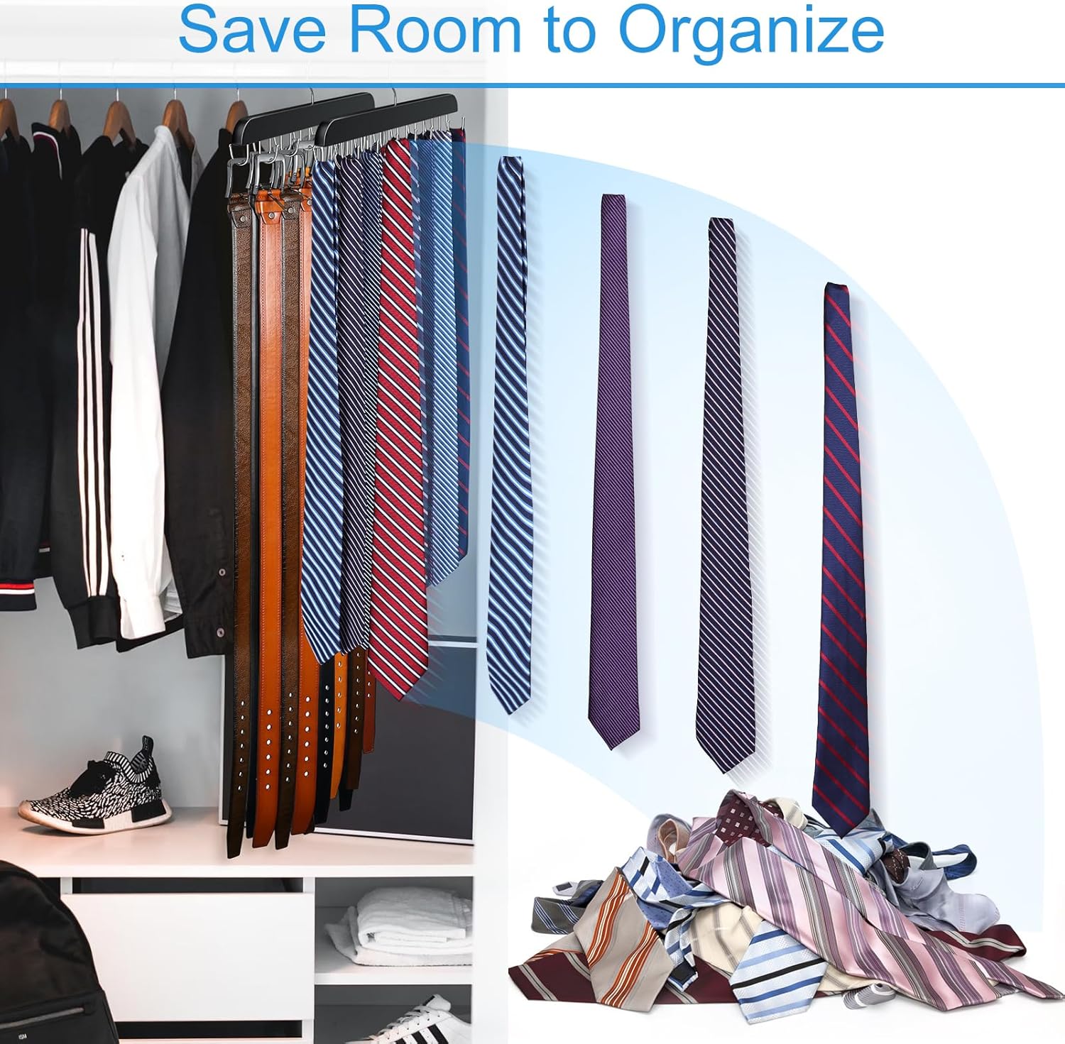 Skiennix Belt Hanger | Sturdy Wood Belt Rack Organizer with 14 Hooks - Black, Max 42 Belts Capacity