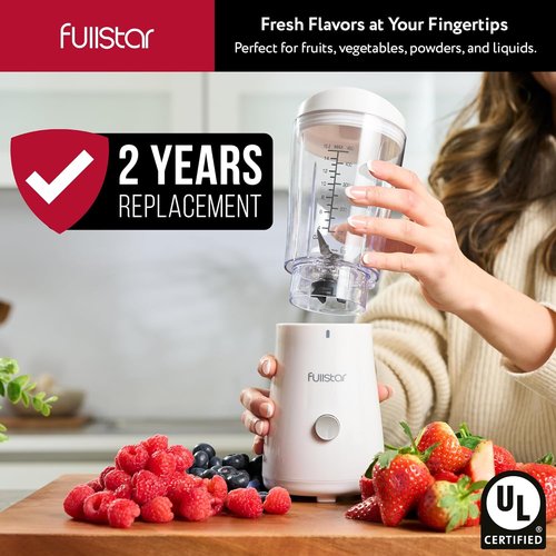 Fullstar Portable Blender - 15 oz Mini Personal Travel Smoothie Maker with Sipper Lid | Compact Design for Home & Office (White)