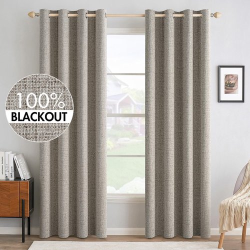 MIULEE Linen Curtains - 100% Blackout Thermal Insulated Drapes | Greige Room Darkening 52x84 Inch (2 Panels)