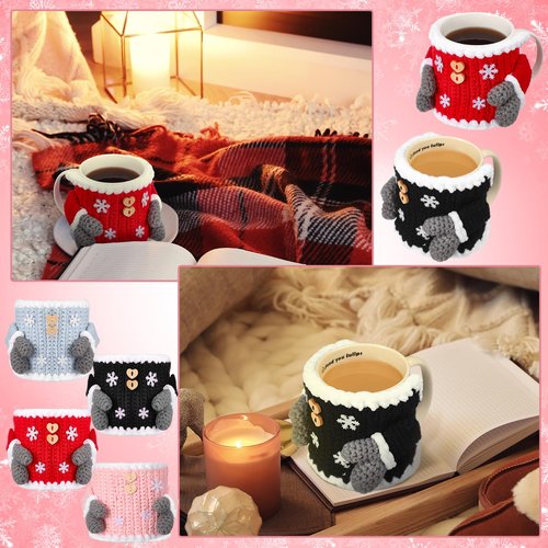 Perthlin 4 Pcs Sweater Mug Christmas Cozy Gift Winter Coffee Mug Knitted Cup Sweater Sleeve Cover Reusable Crochet Tea Warmer Wrap with Buttons Christmas Decoration for Coffee Drinkers