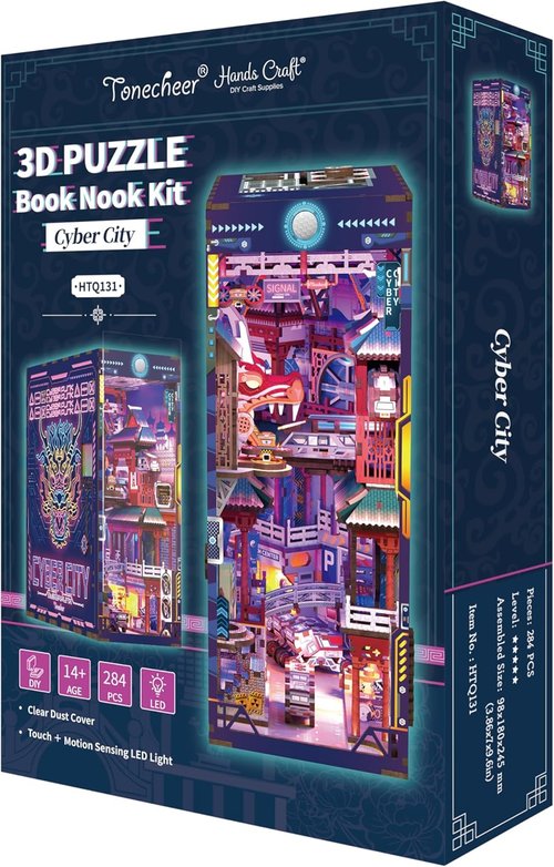 Hands Craft DIY Book Nook Kit - Cyber City Miniature Puzzle with LED Lights | Neon Cyberpunk Decor
