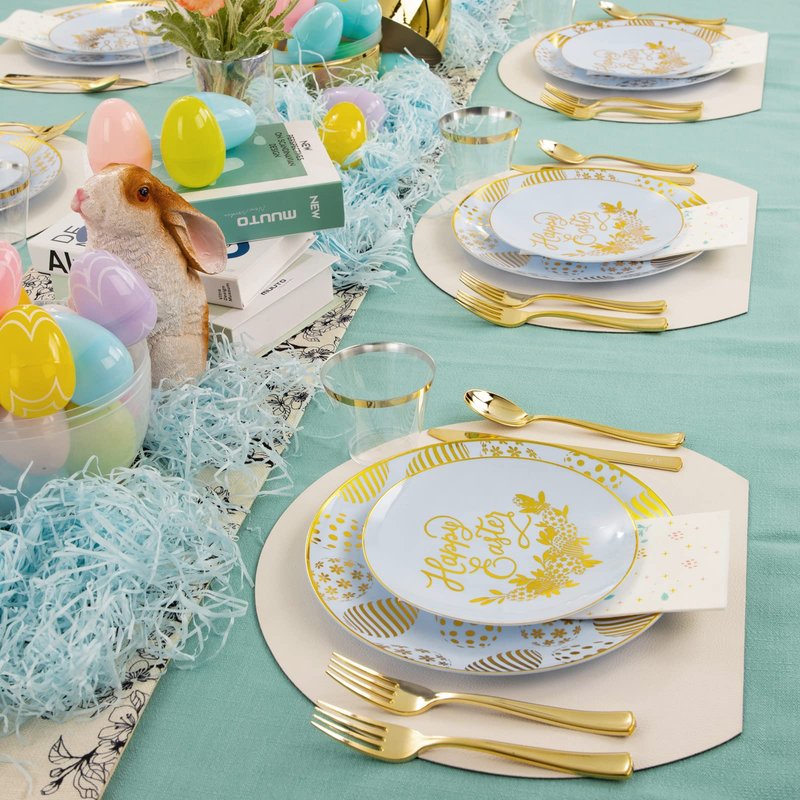 Morejoy 175pcs Easter Plastic Plates,Blue Plastic Plates Disposable Ice Blue Plates Include 25 Dinner Plates,25 Dessert Plates,25 Cups,25 Forks,25 Knives,25 Spoons,25 Napkins Perfect for Easter Party