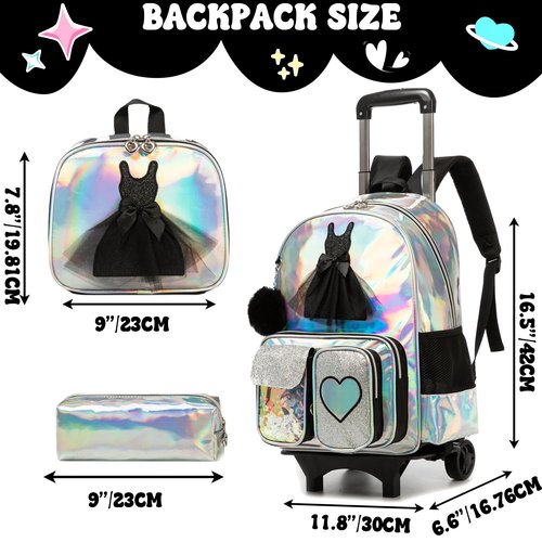 Meetbelify Rolling Backpack for Girls Backpack with Wheels for Elementary Student Kids School Bag with Lunch Box Pencil Case for Girls Ages 6-8 Years Old Black