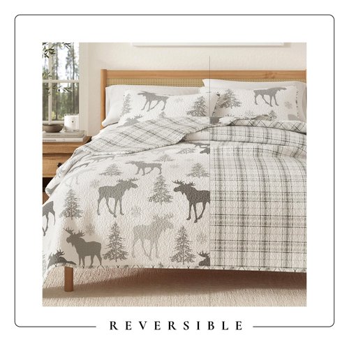 Great Bay Home Lodge Quilt Set - 3-Piece Full/Queen Size Rustic Bedding Set - Lightweight, All-Season, Reversible Bedspread (Moose - Grey)