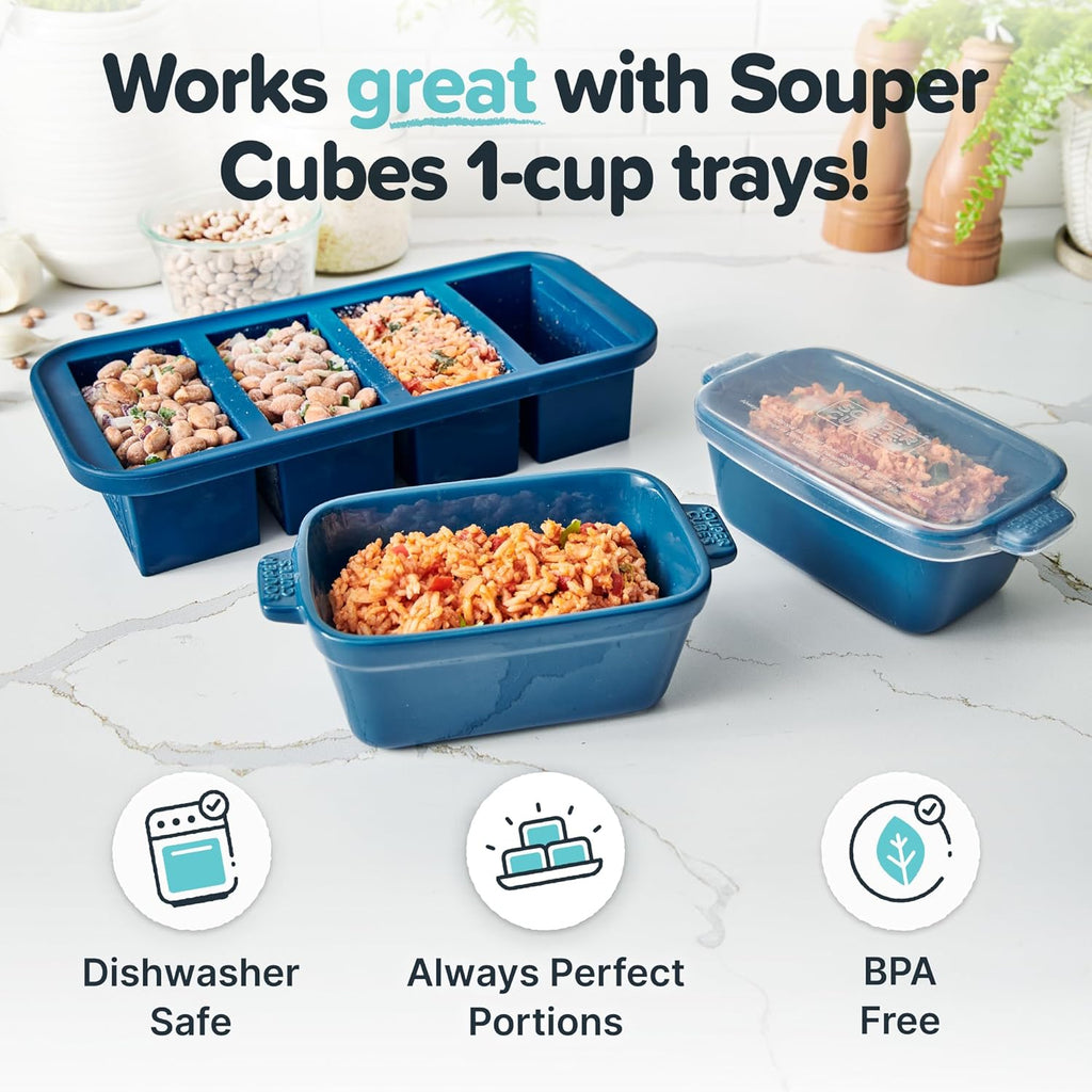 Souper Cubes Stoneware - Small 5" x 3" Ceramic Baking Dish Set with Silicone Covers | Blueberry Color, Perfect for Reheating Single Servings