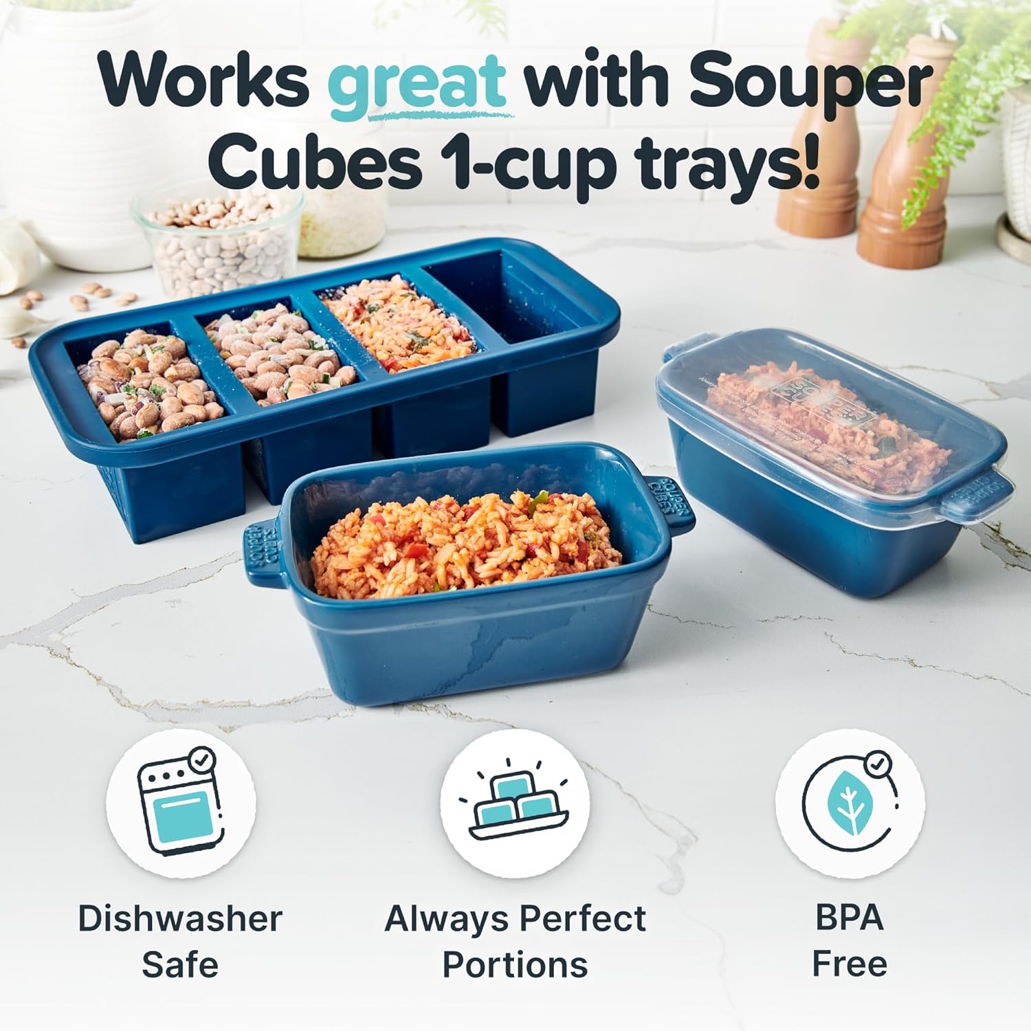 Souper Cubes Stoneware - Small 5" x 3" Ceramic Baking Dish Set with Silicone Covers | Blueberry Color, Perfect for Reheating Single Servings