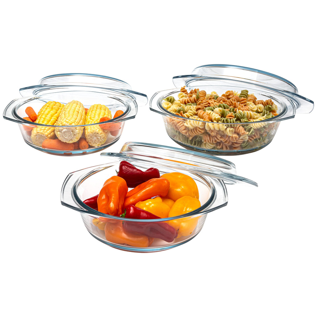 Simax Casserole Dish Set with Lid, Round Glass Cookware, Borosilicate Glass, Made In Europe 1 Qt, 1.5 Qt and 2 Qt Baking Dishes, Set of 3