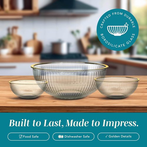 Cook With Color 12-Pc Glass Mixing Bowl Set - Borosilicate Nesting Bowls with Lids & Gold Rim