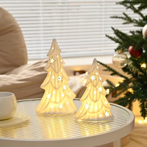 AOMOONOA Ceramic White Christmas Trees - 2Pcs Light-Up Tabletop Porcelain Xmas Tree Figurines for Modern Home Decor