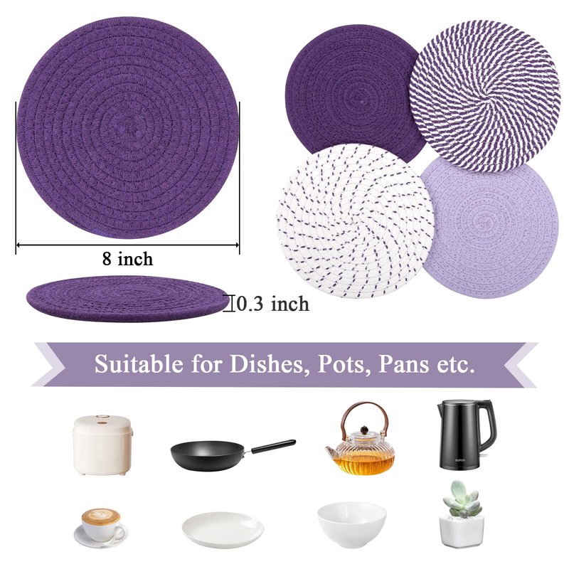SHACOS 8 Inches Trivets for Hot Dishes, 4 Pieces Cotton Trivets Mats for Kitchen, Hot Pads for Countertops and Table, Heat-Resistant Pot Holders for Hot Pots and Pans(Purple, 4pcs)