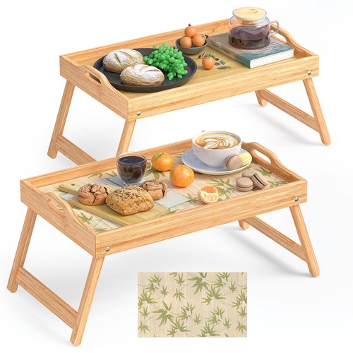 2 Pack Bamboo Bed Tray Table, Breakfast Tray w/Removable Bamboo Curtain & Folding Legs & Handles, Bed Trays for Eating & Reading…