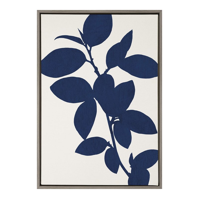 Kate and Laurel Sylvie Classic Blue Botanical Framed on a Linen Textured Canvas Wall Art, 23x33 Gray, Chic Plant Art for Wall