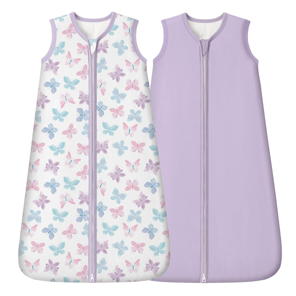 Rayon Made from Bamboo Baby Sleep Sack - Soft 1.0 Tog Wearable Blanket for Infants | 6-12 Months, Purple Butterfly (2 Pack)