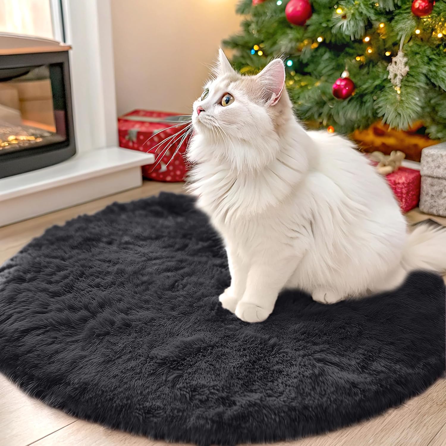 OLANLY Black Round Area Rug - Soft, Fluffy Shag Carpet | 2 ft Circle for Bedroom, Living Room, Nursery Decor