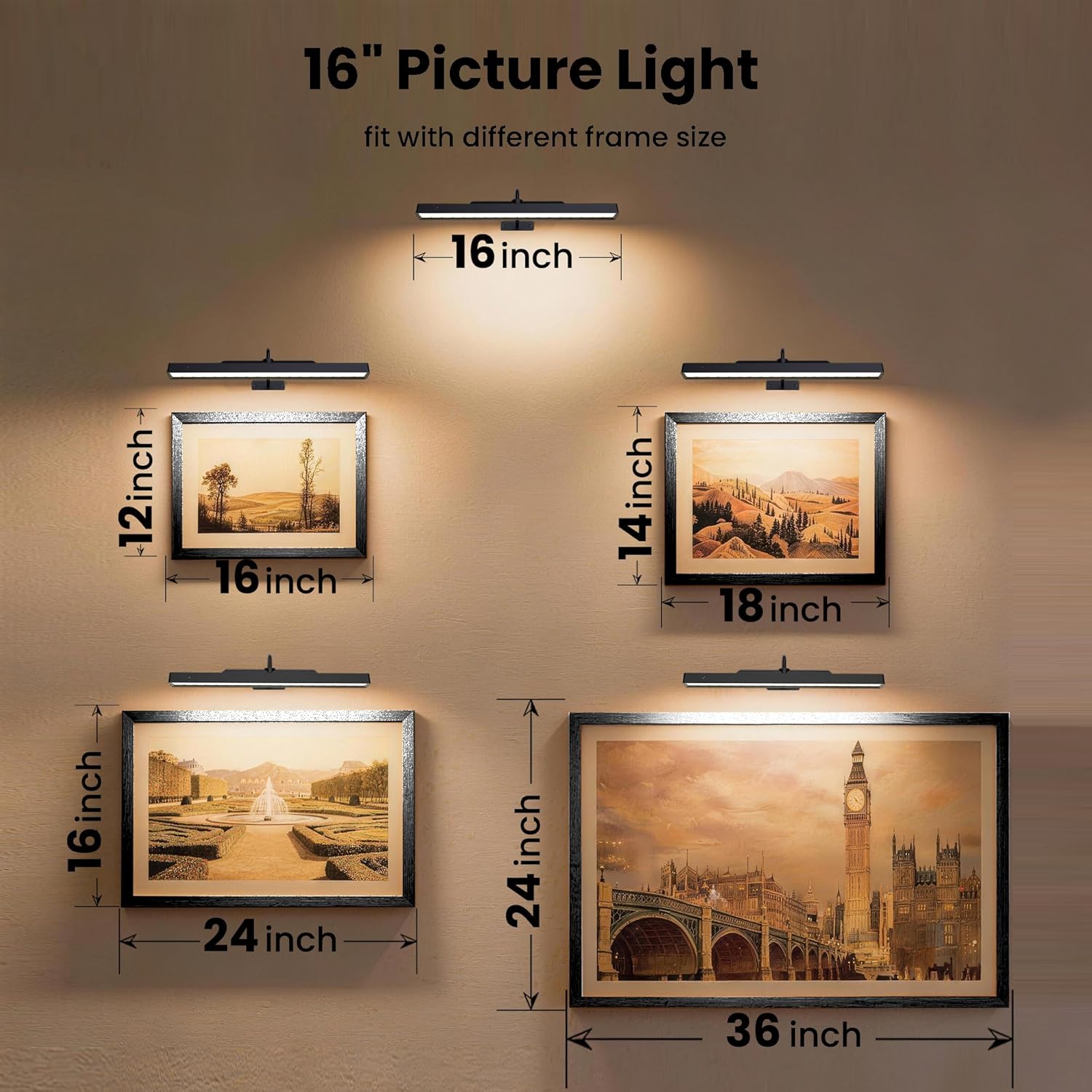 Skiennix 3-Pack Picture Light - Battery Operated 16-Inch Art Light with Dimmable Control | Black
