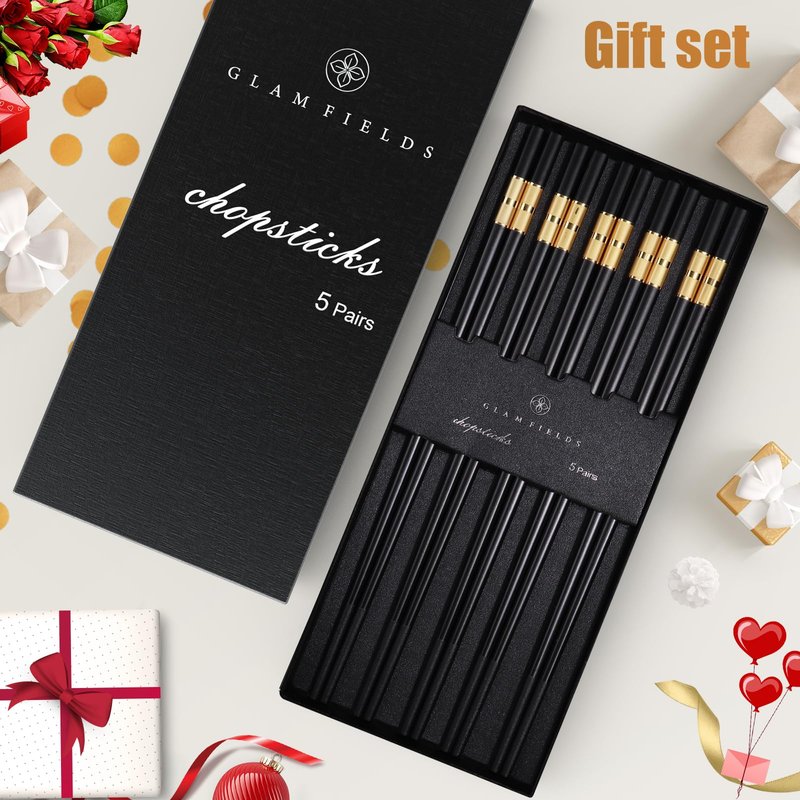GLAMFIELDS 5 Pairs Premium Chopsticks Reusable Dishwasher Safe 9.5 Inch Fiberglass Chop Sticks Gift Set Non Slip Black+Gold