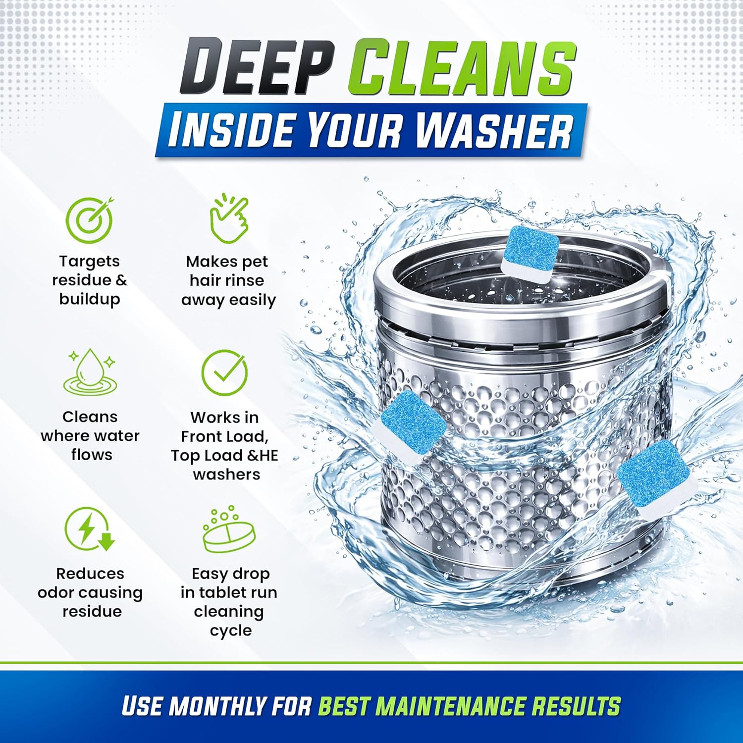 Skiennix Washing Machine Cleaner Tablets - 25 Pack for Deep Cleaning & Pet Hair Removal | Compatible with All Washers