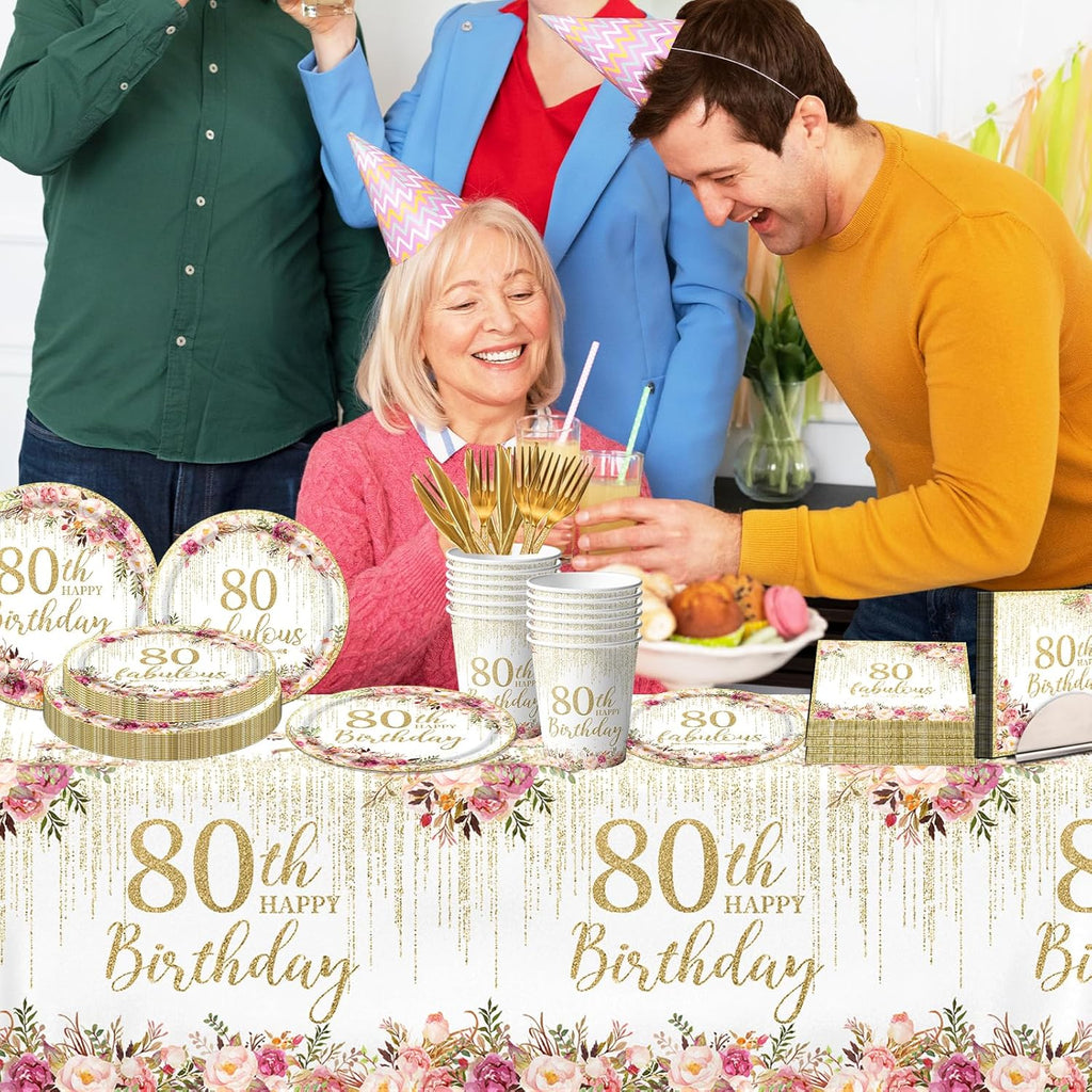 Regine Switzerland 80th Birthday Party Tableware Set - 142 Pcs Rose Gold Decorations | Plates, Napkins, Tablecloth & Banner