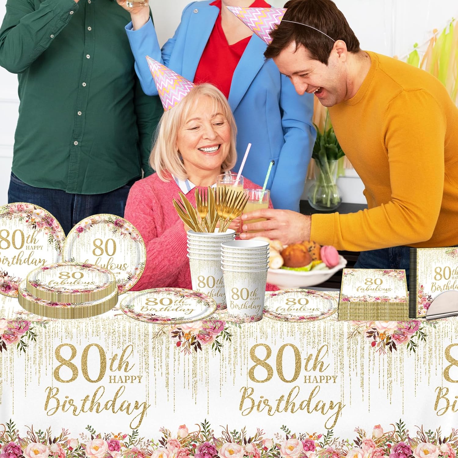 Regine Switzerland 80th Birthday Party Tableware Set - 142 Pcs Rose Gold Decorations | Plates, Napkins, Tablecloth & Banner