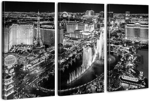 Las Vegas Skyline Wall Art - Black and White Cityscape Canvas Prints | 16x32 Inches, 3-Piece Set for Office & Home Decor