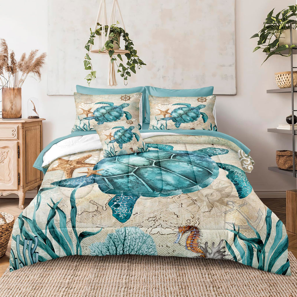 Merryword 8 Pieces Blue Green Comforter Set Full Size Ocean Life Bed in a Bag Turtle Beach Bedding Set Hawaii Style Summer Lightweight Bedding Comforter Set