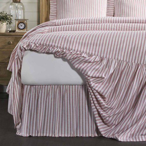 Timeless Ticking Red Stripe Ruffled Twin Bed Skirt, Farmhouse Country, Christmas Décor, 16" Drop