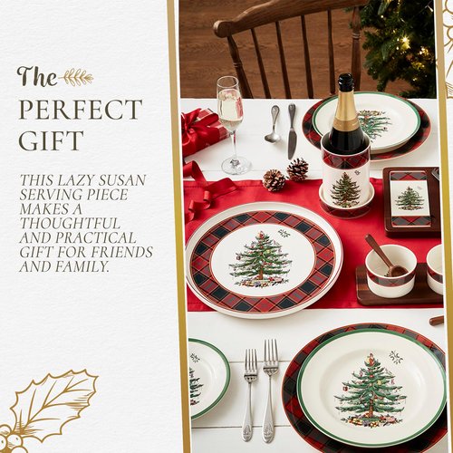 Spode Christmas Tree Lazy Susan - Tartan Plaid, Non Skid 360 Degree Rotation, Holiday Space Saver for Kitchen, Cabinet, Pantry, Rotating Spice Rack Organization for Easy Access, Festive Entertaining
